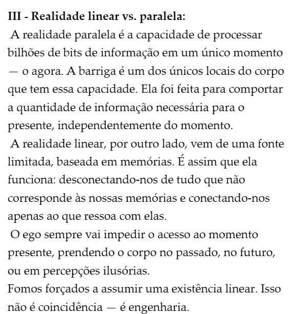 Página interna do livro Corpo Holográfico — Cap III Realidade linear vs paralela