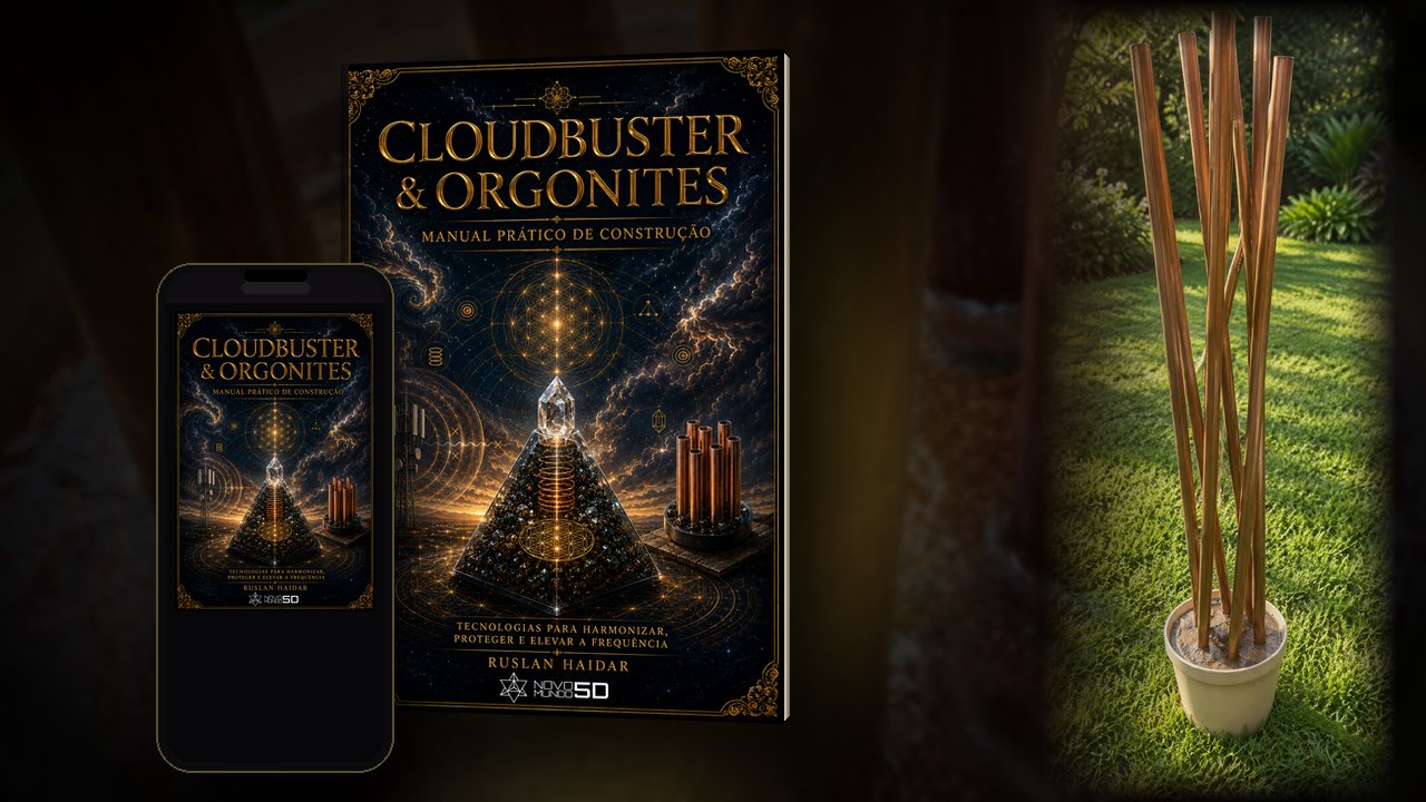 Manual Cloudbuster e Orgonites em livro e no celular, com o Cloudbuster montado ao lado