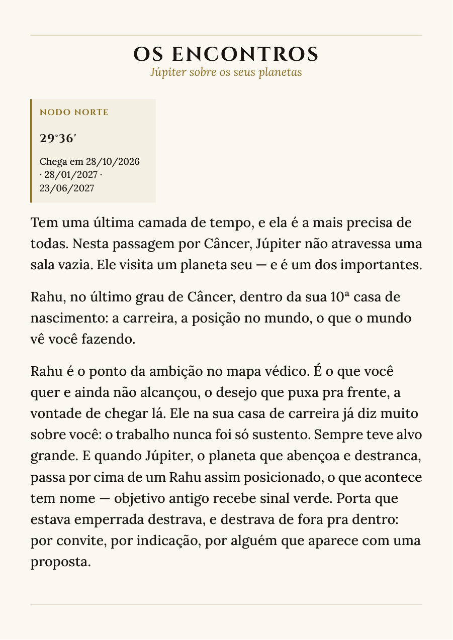 Página real da leitura: os Encontros, as datas em que Júpiter passa por cima dos seus planetas