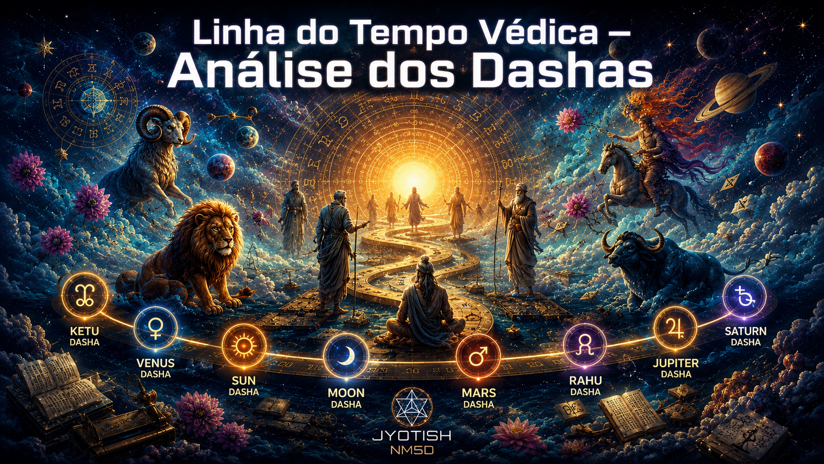Linha do Tempo Védica · Análise dos Ciclos Planetários · disponível em todos os dispositivos