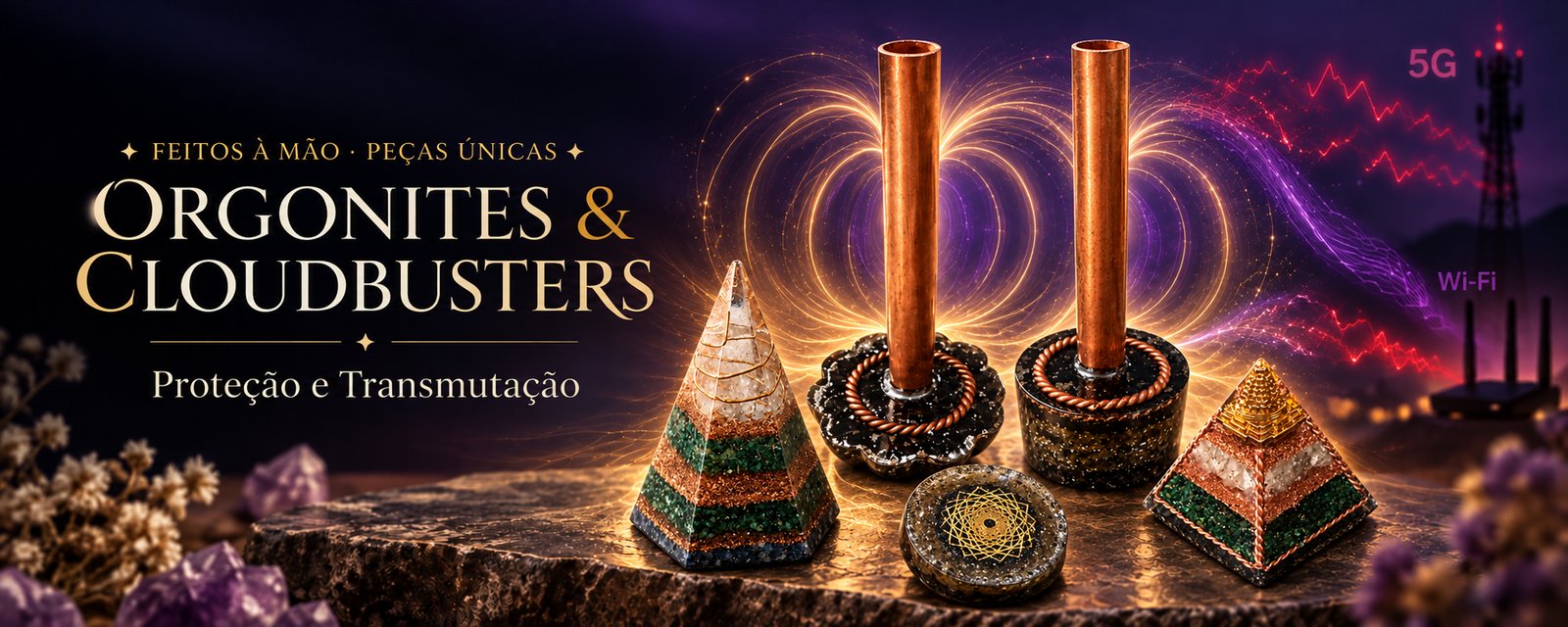 Orgonites feitos à mão: cone, dois Cloudbusters Compactos, talismã e pirâmide com Sri Yantra sobre pedra, com torre 5G e roteador Wi-Fi ao fundo