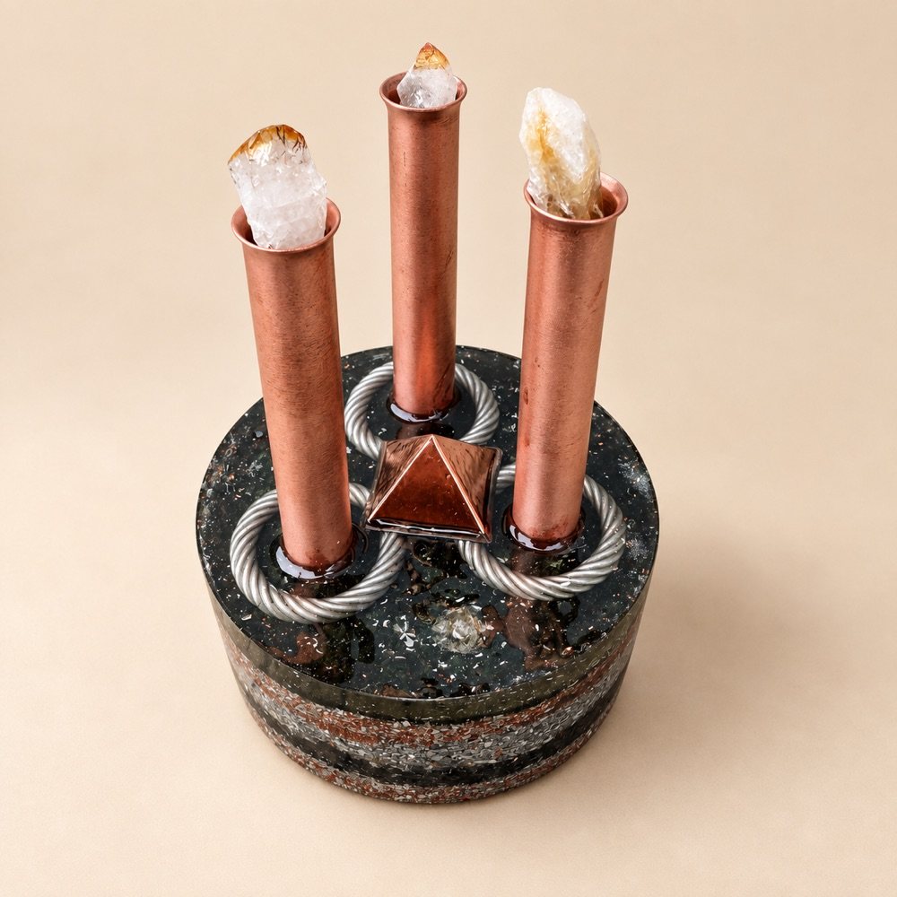Cloudbuster Triplo: três tubos de cobre com pontas de cristal numa base redonda de orgonite escura