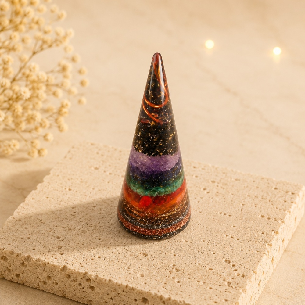 Orgonite cone com turmalina negra e camadas de cristais