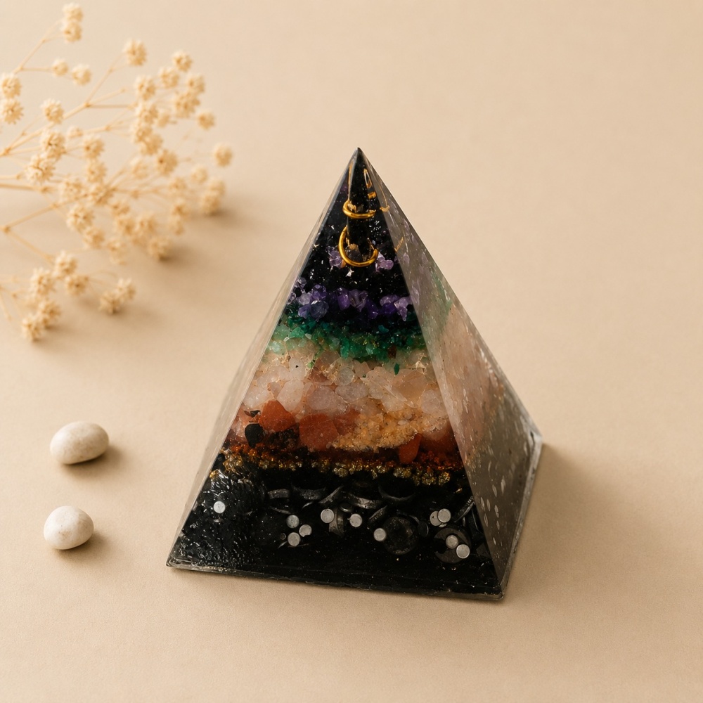 Orgonite pirâmide com turmalina negra, ametista e quartzo